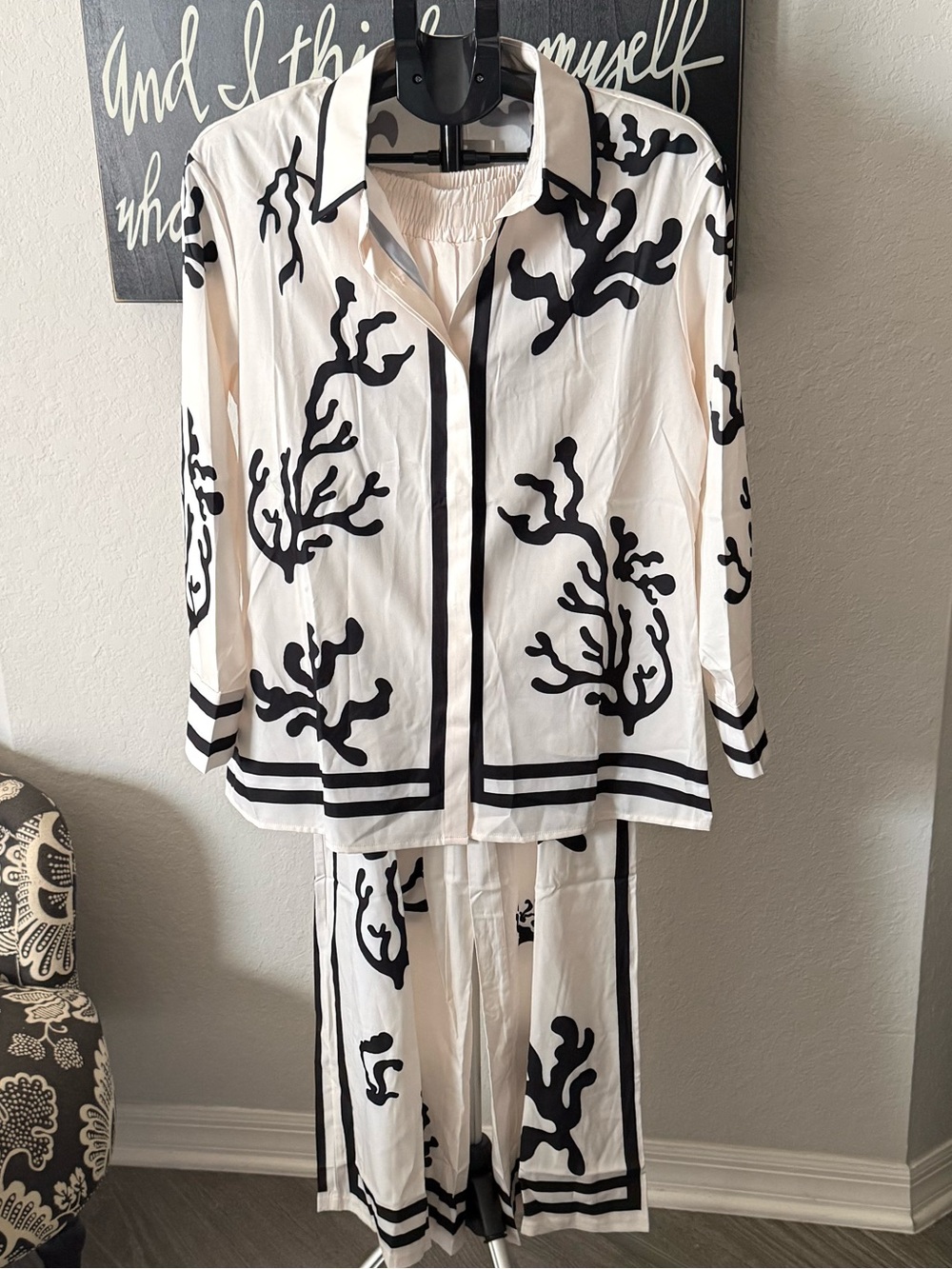 White Button-Up Set with Black Coral Print NWT